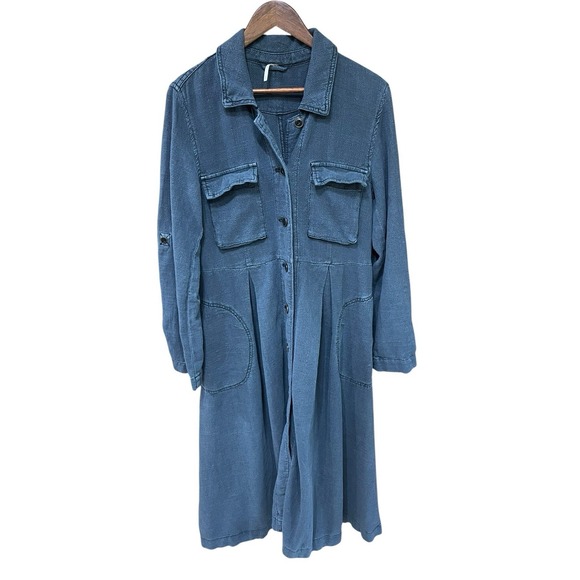 Free People Jackets & Blazers - Free People 'Rainz'  Linen Duster Jacket Long Dress Blue Oversized Size Medium